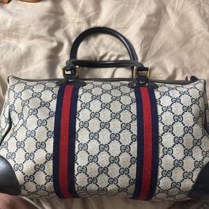 Gucci Blue and Red Duffel Bag with Monogram Design
